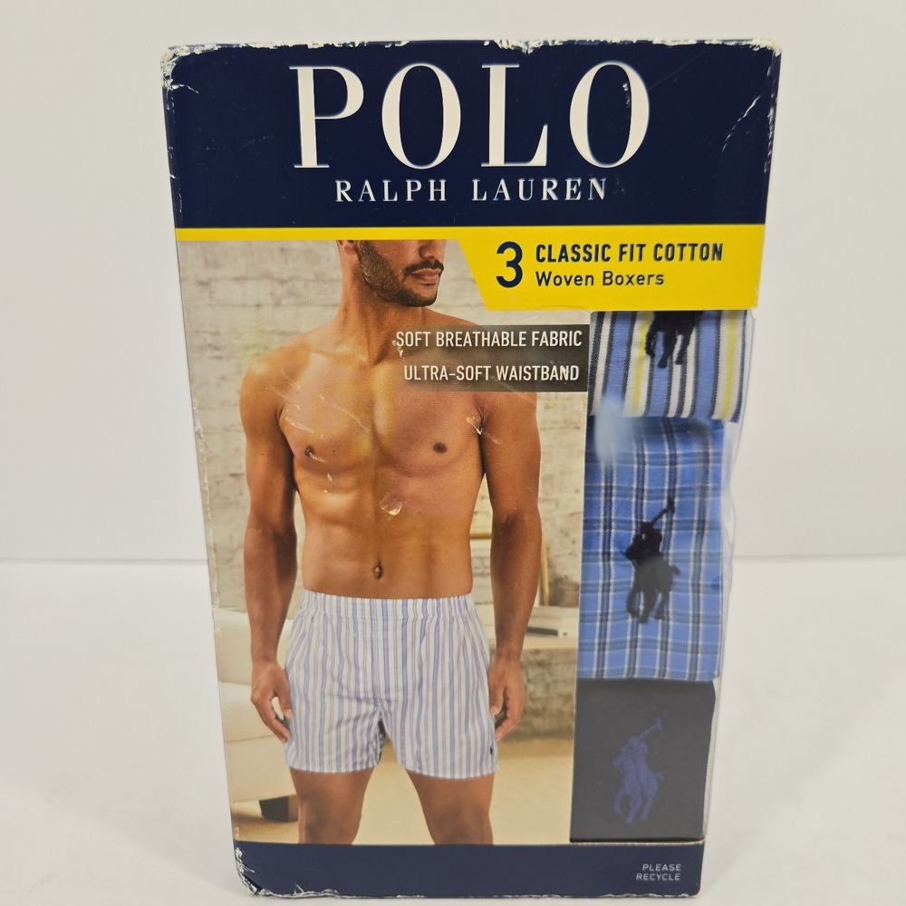 Polo Ralph Lauren Mens Small Classic Fit Cotton Woven Boxers Blue Plaid Striped